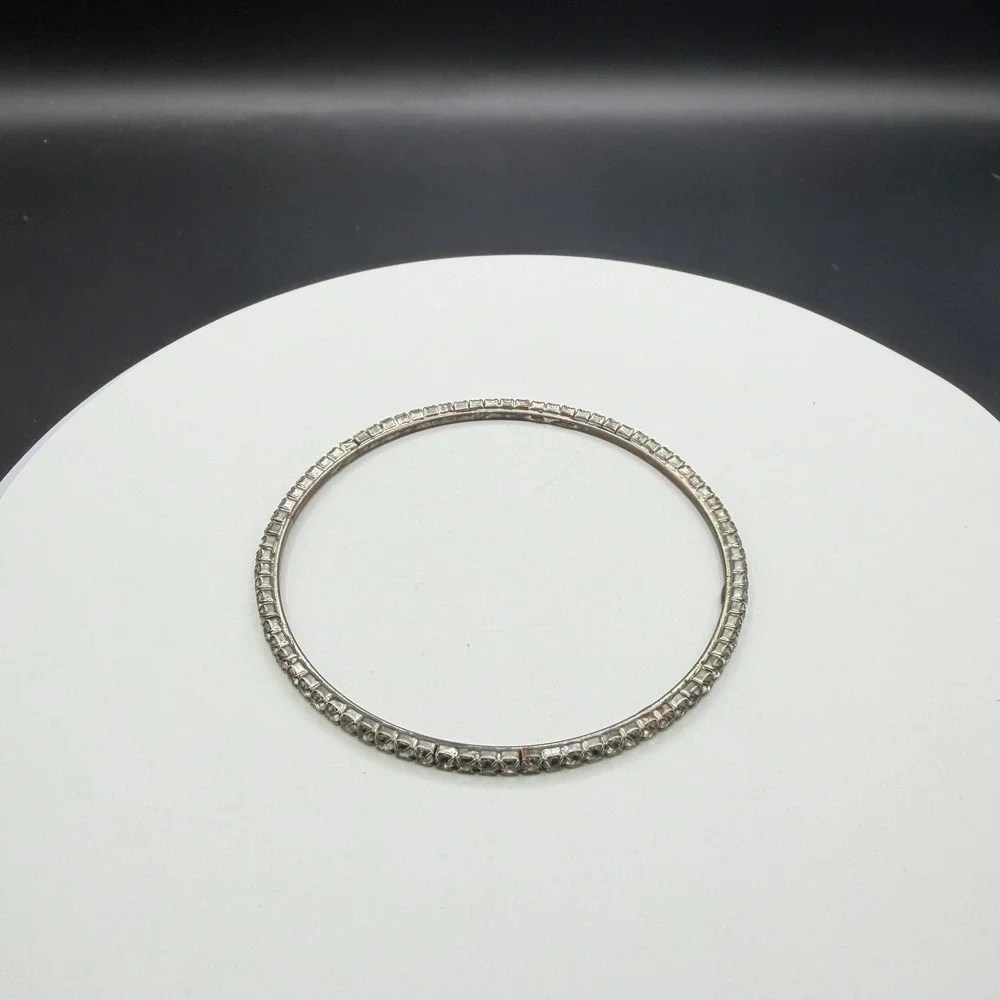 Silver Tone Clear Rhinestone Bangle Bracelet Prong Set Sparkle Statement Jewelry